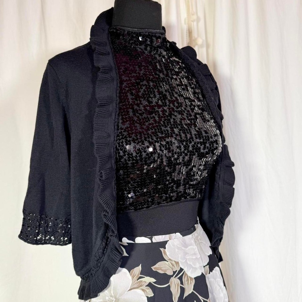 NY Collection Black Ruffle Knit Shrug Cardigan Size XL